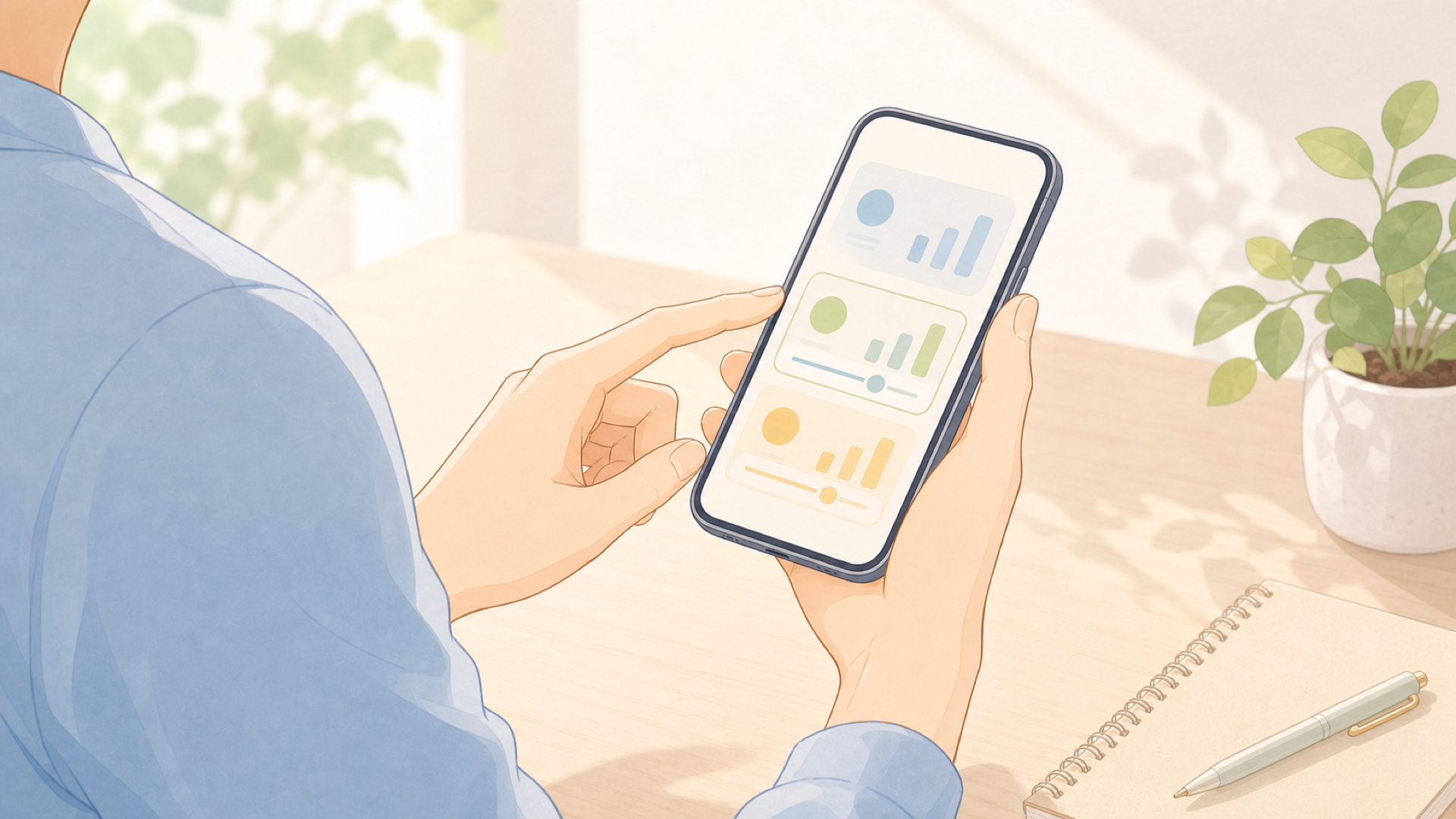 スマホを手に持って料金プランを見直している人の手元のイラスト