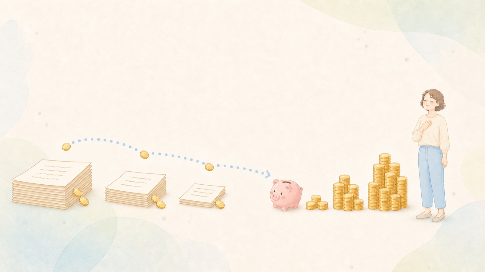 毎月の支払いが軽くなり浮いたお金が貯金として積み上がるイメージイラスト
