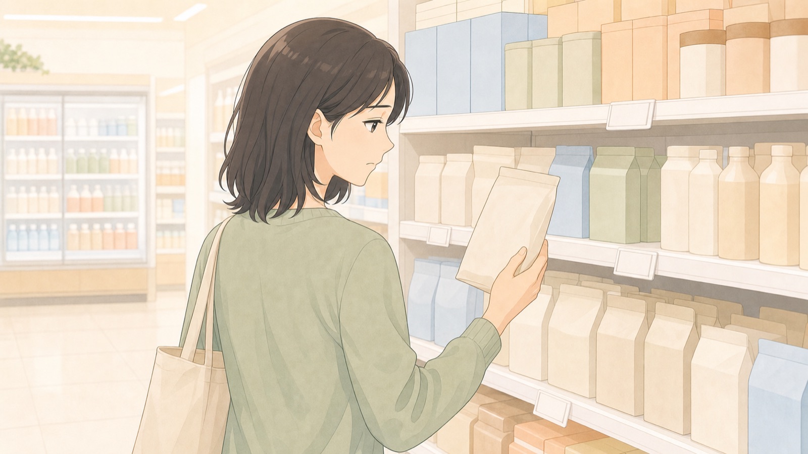 スーパーの棚の前で値上げにため息をつく人のイラスト
