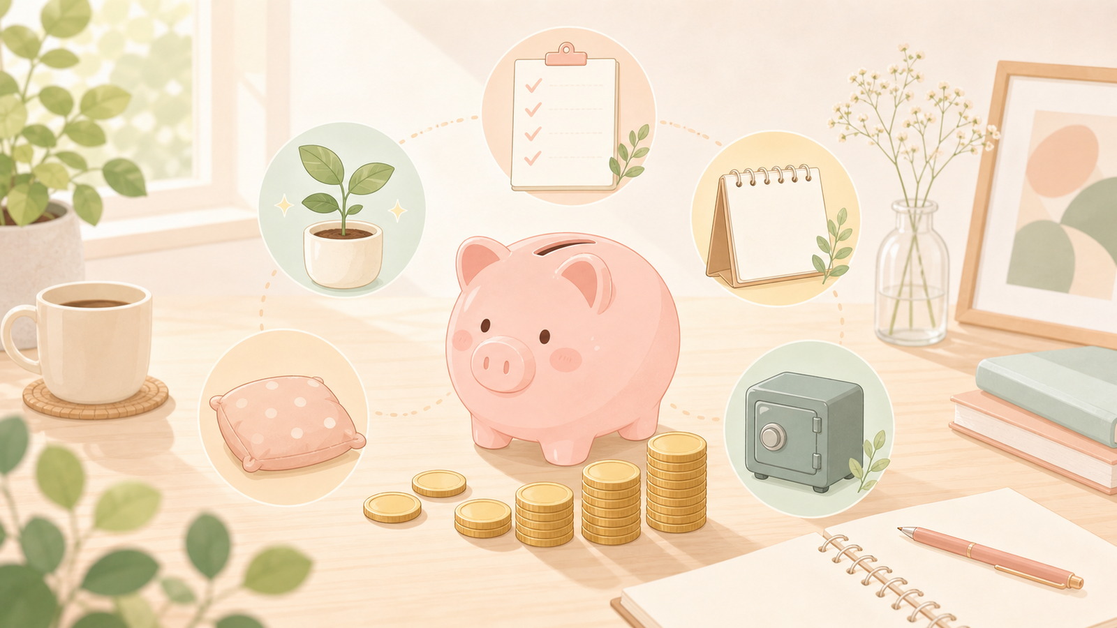 貯金すべき5つの理由の記事アイキャッチ。豚の貯金箱と5つのアイコン