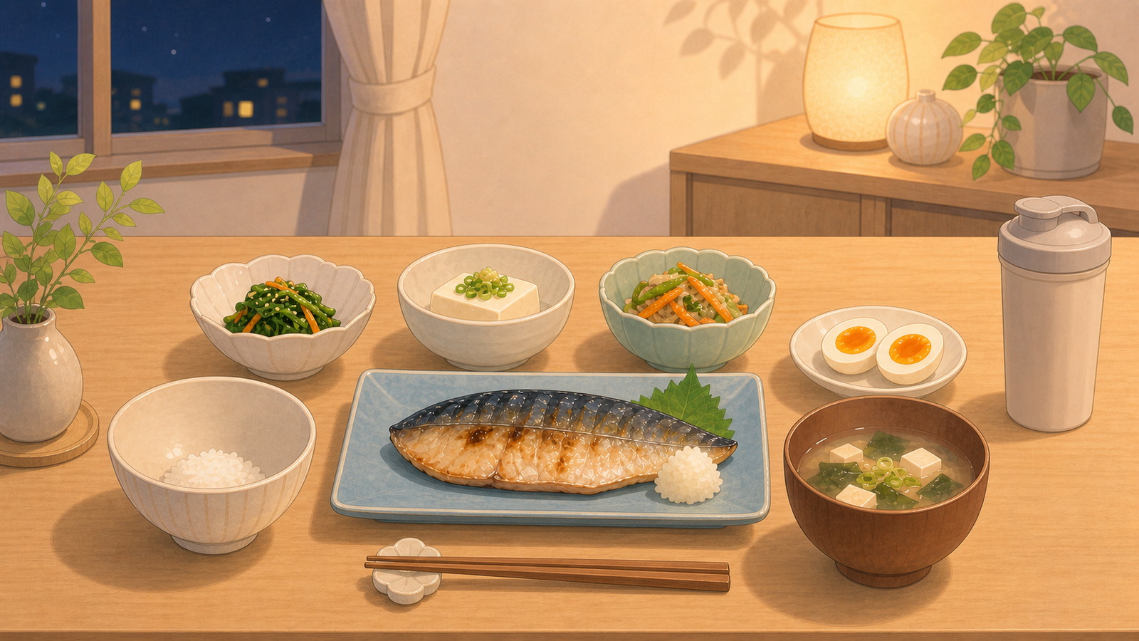 夜の食卓に並ぶヘルシーな和定食。小盛りのごはん・焼き魚・ゆで卵・プロテインシェイカー