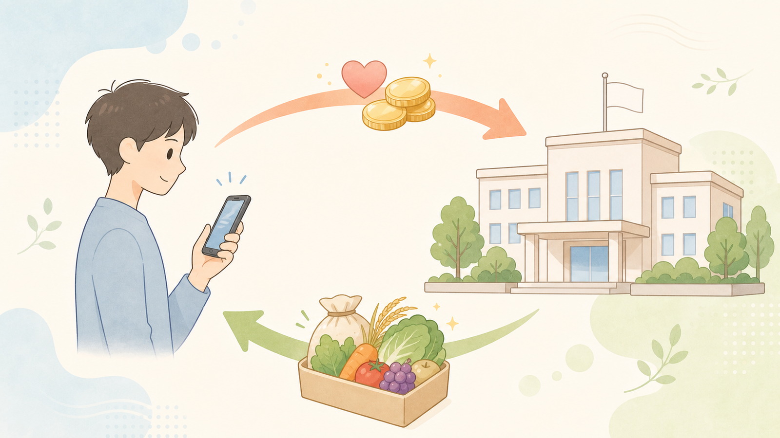 ふるさと納税の仕組み。寄付者が自治体へ寄付し、返礼品が届き、税金が控除される流れの図解