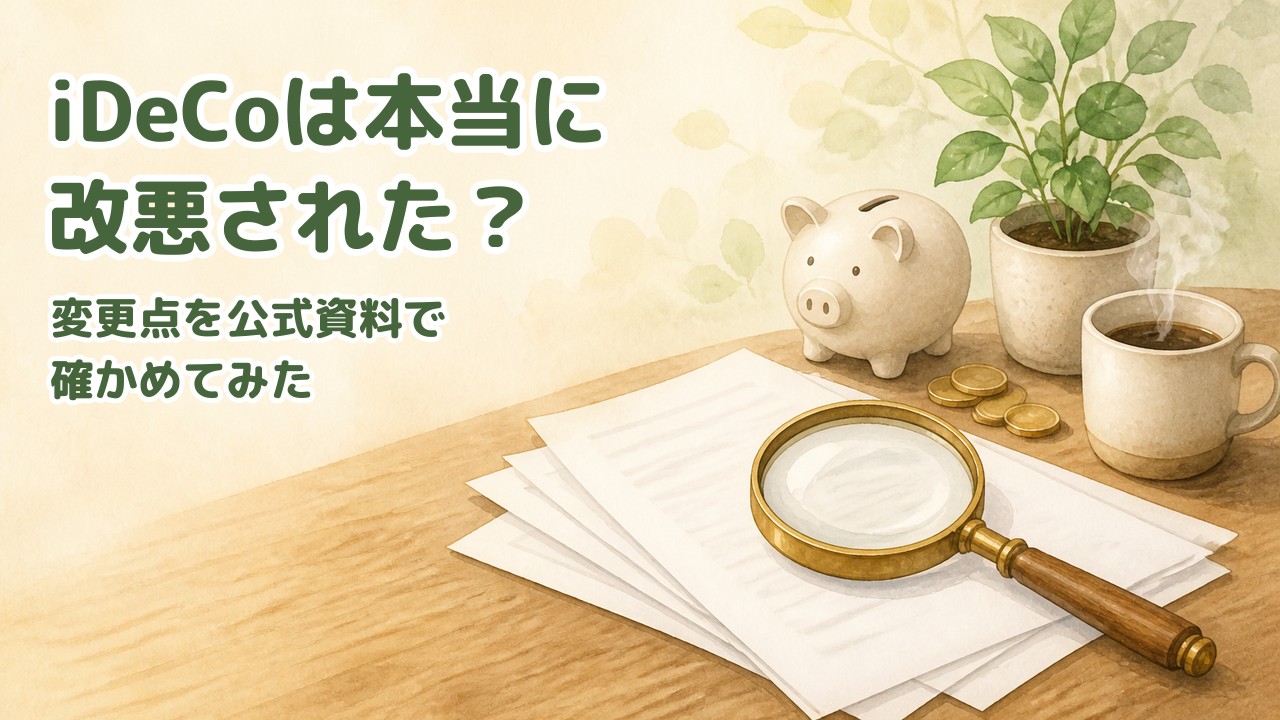 iDeCoは本当に改悪された？変更点を公式資料で確かめてみた。机の上の公的資料と虫めがね、貯金箱の水彩イラスト