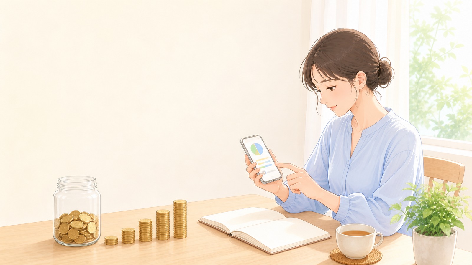 スマホの家計簿アプリで記録を続け、貯金瓶とコインの山が少しずつ増えていくイメージイラスト