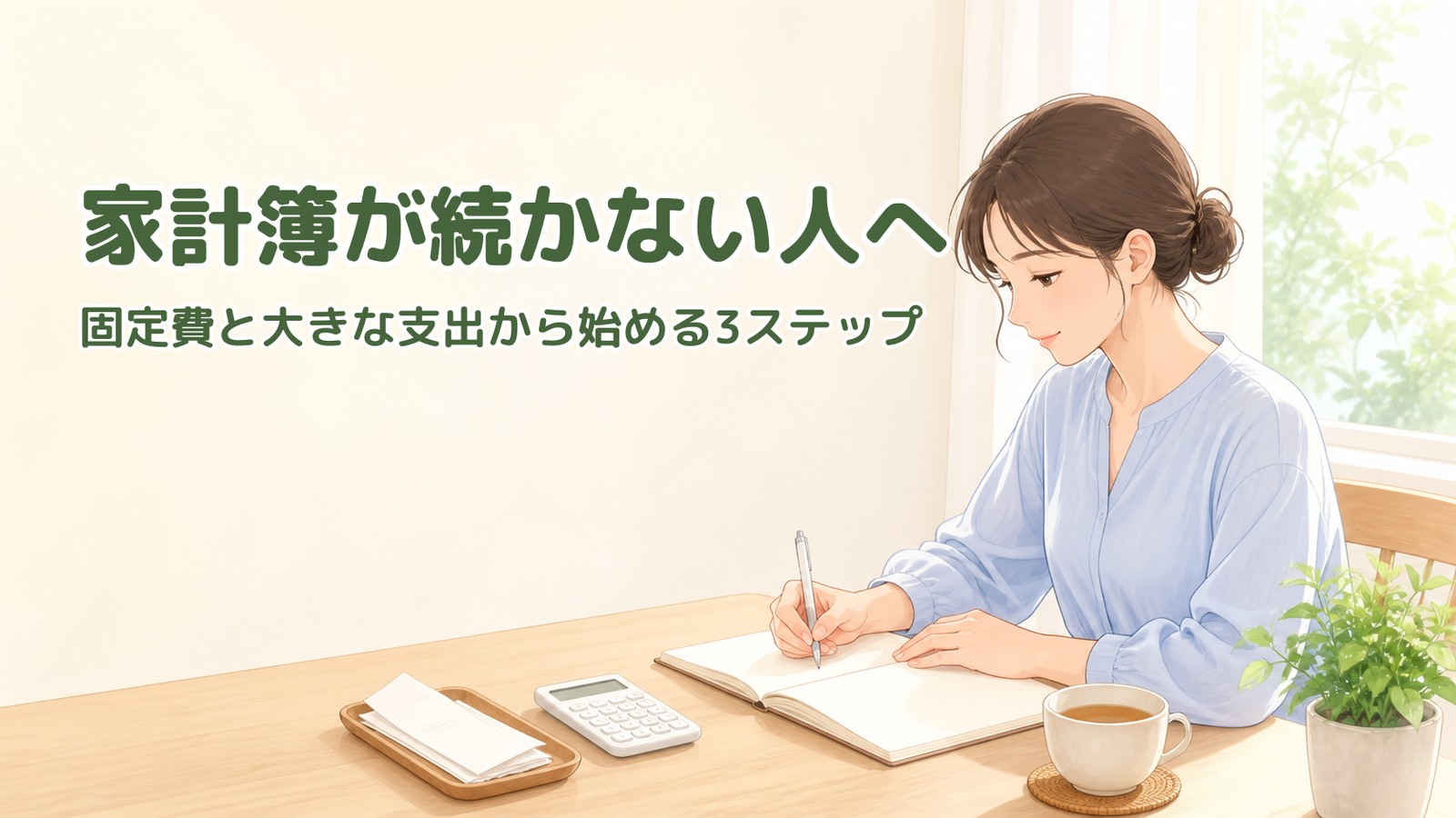 窓辺の机で家計簿ノートに書き込む人。手前に電卓とレシート