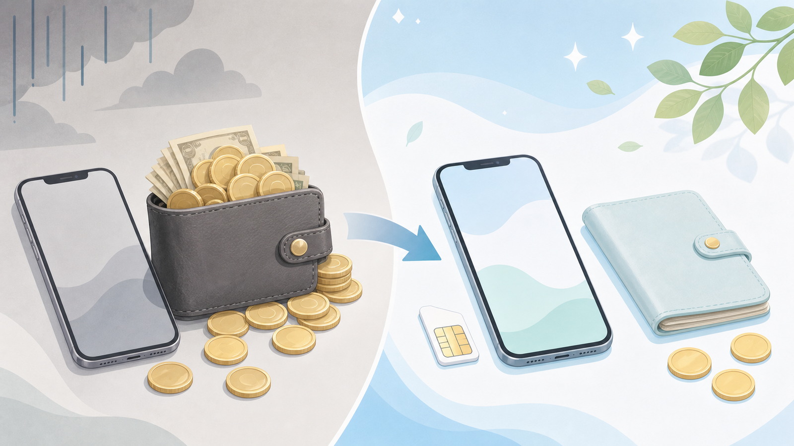 格安SIMに乗り換える前と後を比べたイラスト。左は大量の硬貨があふれる財布とスマホ、右はSIMカードと軽くなった財布
