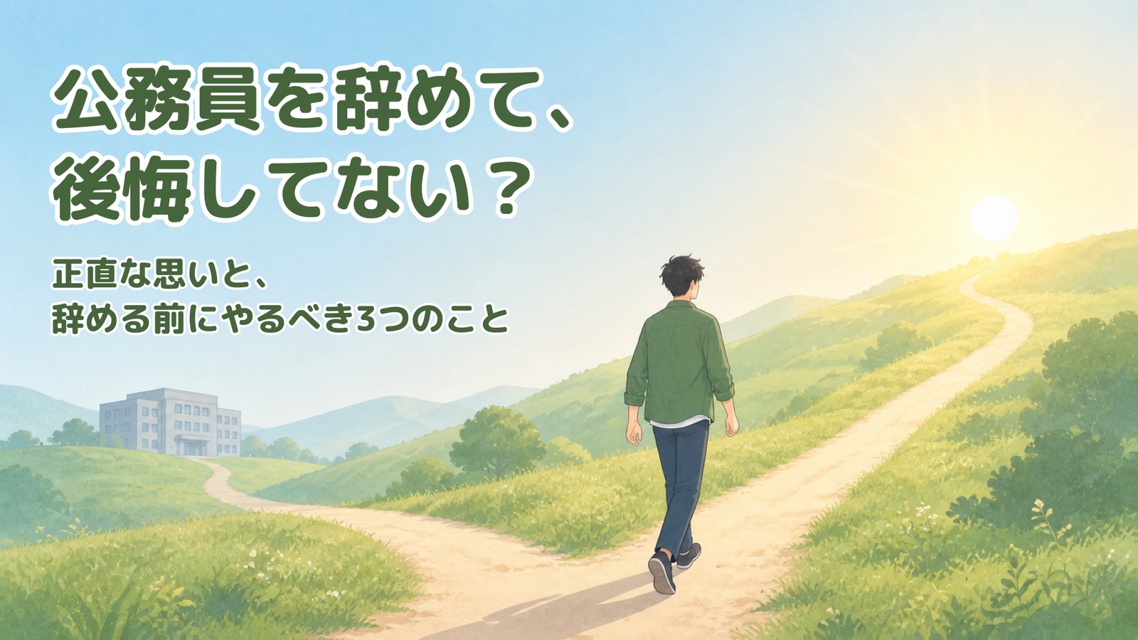 緑の丘の分かれ道で、朝日が差す道へ歩き出す男性のイラスト