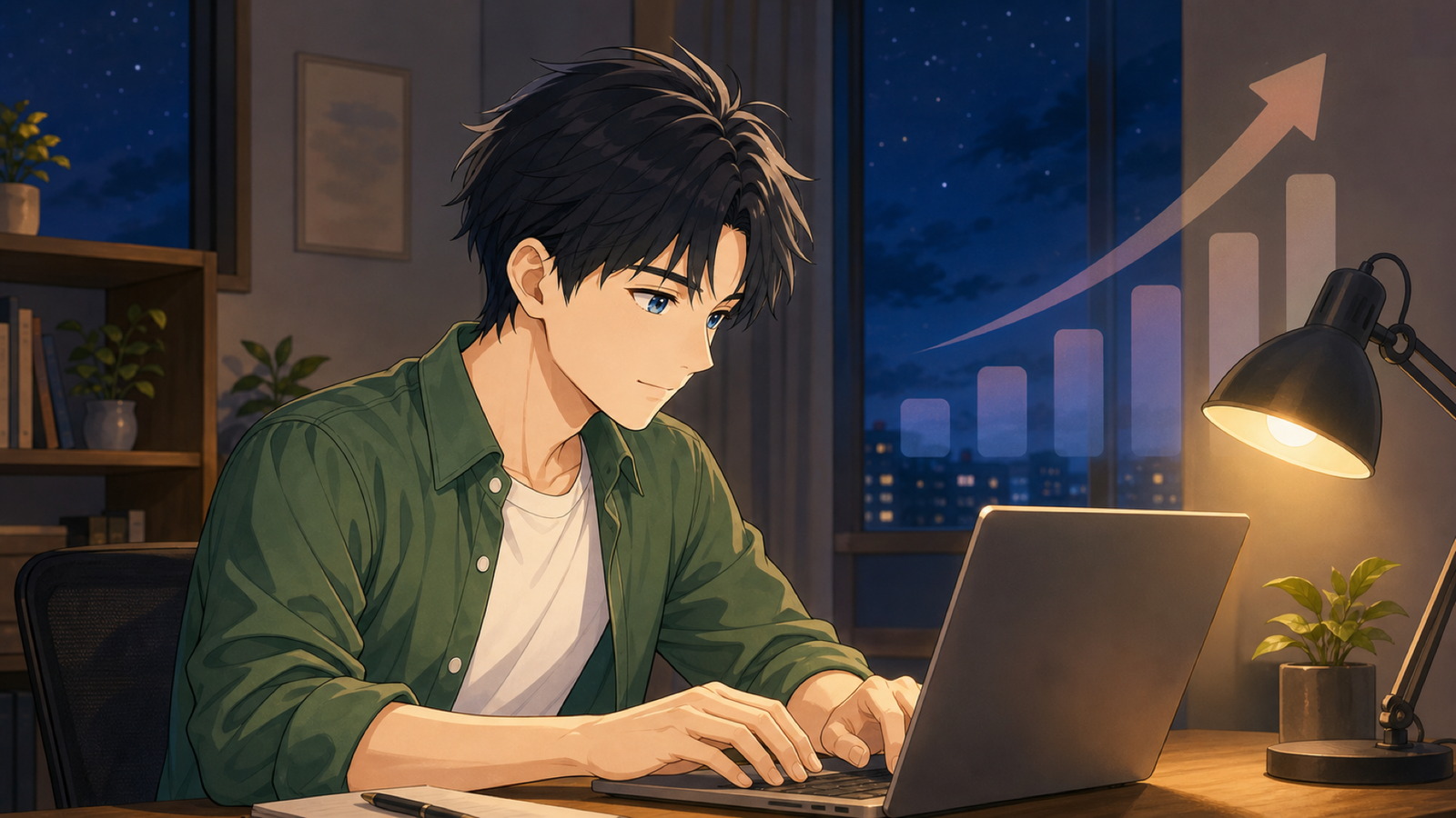 夜にデスクライトの下でノートパソコンに向かい副業に取り組む男性のイラスト