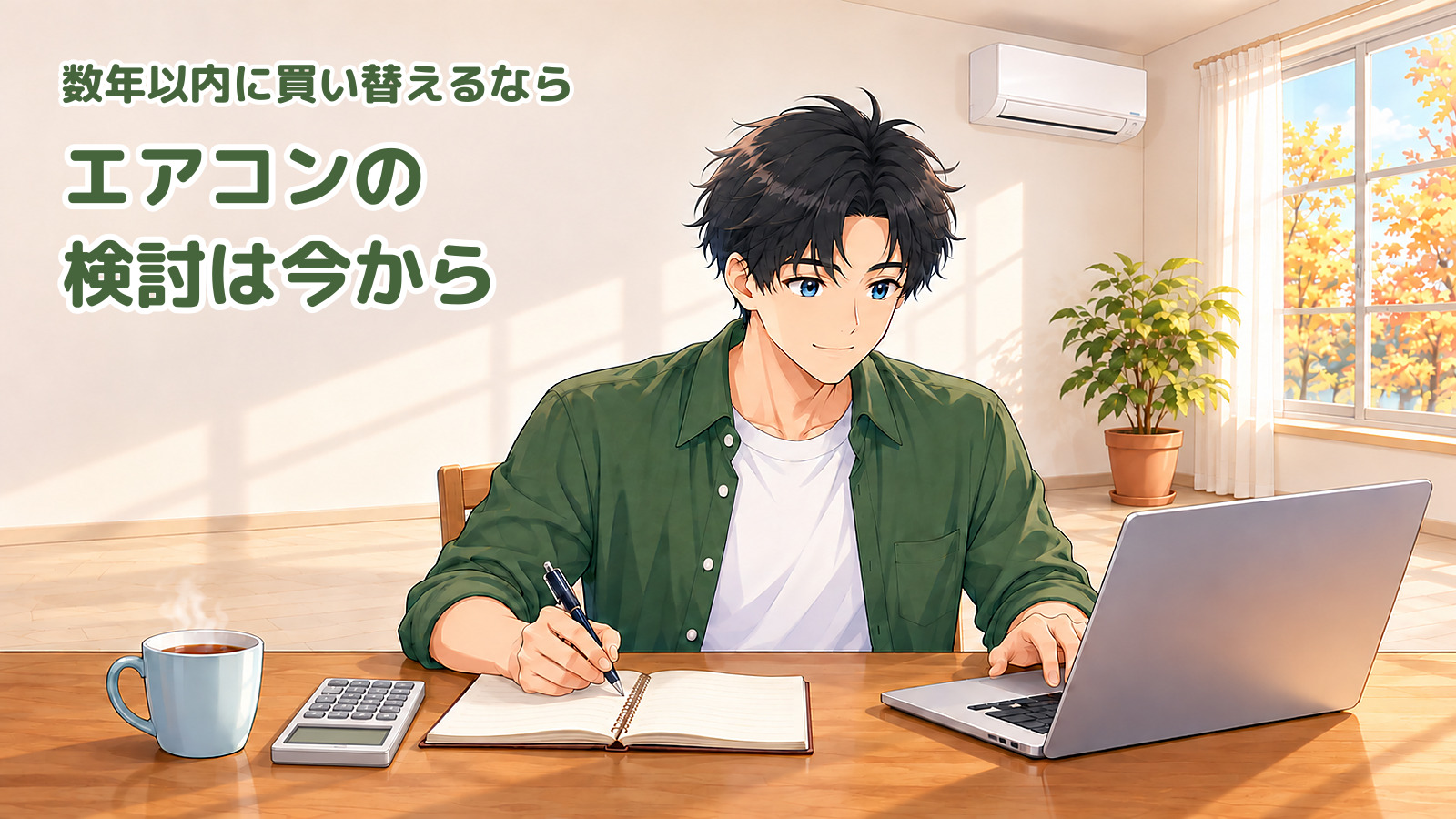 秋のリビングで、ノートとペン、電卓、ノートパソコンを前にエアコンの買い替えを検討する男性のイラスト。右上に壁掛けエアコン、窓の外は紅葉。文字は「数年以内に買い替えるなら エアコンの検討は今から」