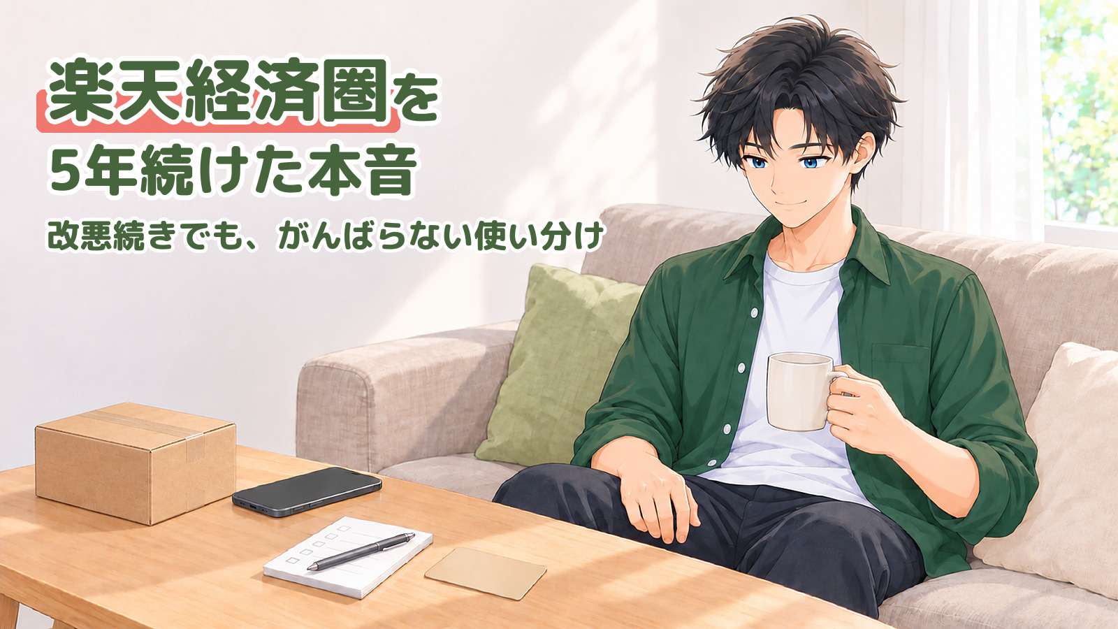 ソファでマグカップを持ち、ペンを置いた欲しい物リストを眺める男性のイラスト。テーブルには届いた段ボール箱とカード