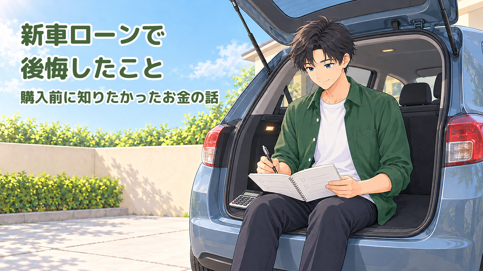 晴れた日、家の前に停めた青い車の荷室に座り、電卓を横に置いてノートに書き込む深緑のシャツの男性のイラスト。文字は「新車ローンで後悔したこと 購入前に知りたかったお金の話」